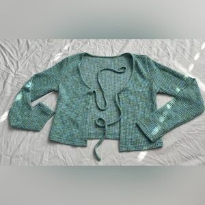 Seafoam - XL - Tie Front Cropped Waffle Knit Cardigan